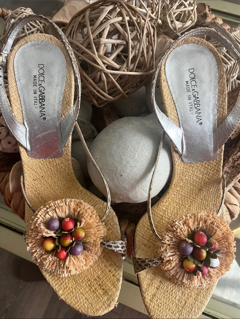 Dolce & Gabbana Silver Raffia Slingback Sandals with Multicolor Floral Pom